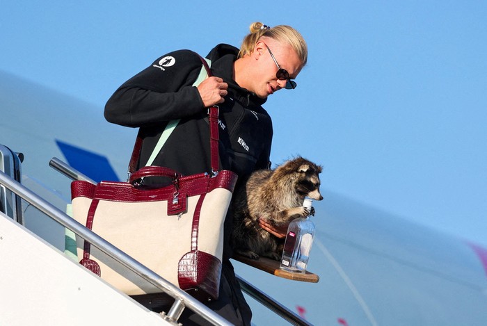 Erling Braut Haaland carries a stuffed raccoon as he gets off the plane after the national football team landed at Oslo Airport, in Gardermoen, Norway, July 13, 2026. Jan Langhaug /NTB/via REUTERS   ATTENTION EDITORS - THIS IMAGE WAS PROVIDED BY A THIRD PARTY. NORWAY OUT. NO COMMERCIAL OR EDITORIAL SALES IN NORWAY. NO RESALES. NO ARCHIVES.     TPX IMAGES OF THE DAY