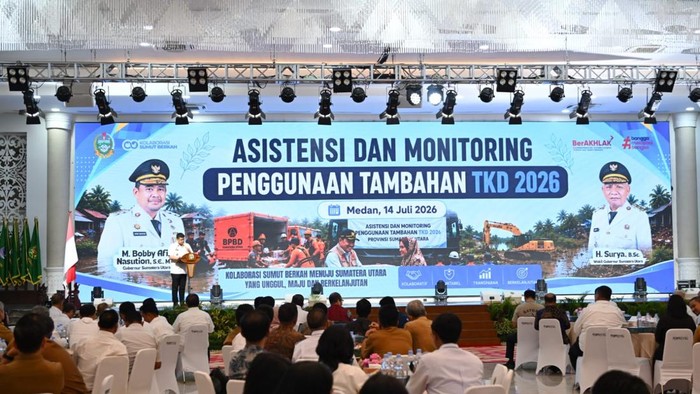 Gubsu Bobby Nasution saat sambutan di Rapat Koordinasi Monitoring dan Asistensi Penggunaan Dana TKD Tambahan di Aula Raja Inal Siregar, Kantor Gubernur