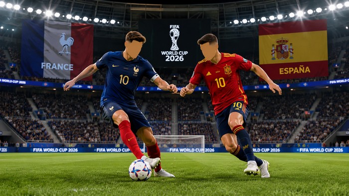 Ilustrasi laga Prancis vs Spanyol di Semifinal Piala Dunia 2026 (dibuat dengan AI)