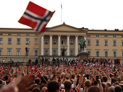 Members of the Norwegian mens football team react outside the palace as they celebrate their performance in the World Cup after returning to Oslo, Norway, July 13, 2026. REUTERS/Tom Little