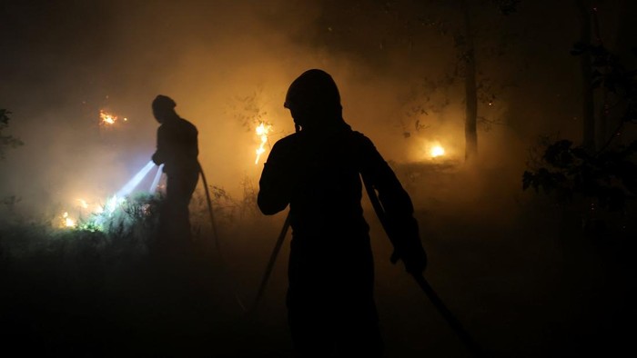 Petugas pemadam berupaya memadamkan kebakaran hutan yang menghanguskan hutan Fontainebleau yang bersejarah di dekat Paris, Prancis, pada Senin (13/7) waktu setempat (REUTERS/Stephane Mahe) 