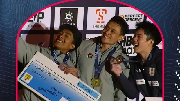 Veddriq Leonardo raih medali emas nomor speed putra pada World Climbing Series Chamonix 2026. (Istimewa)