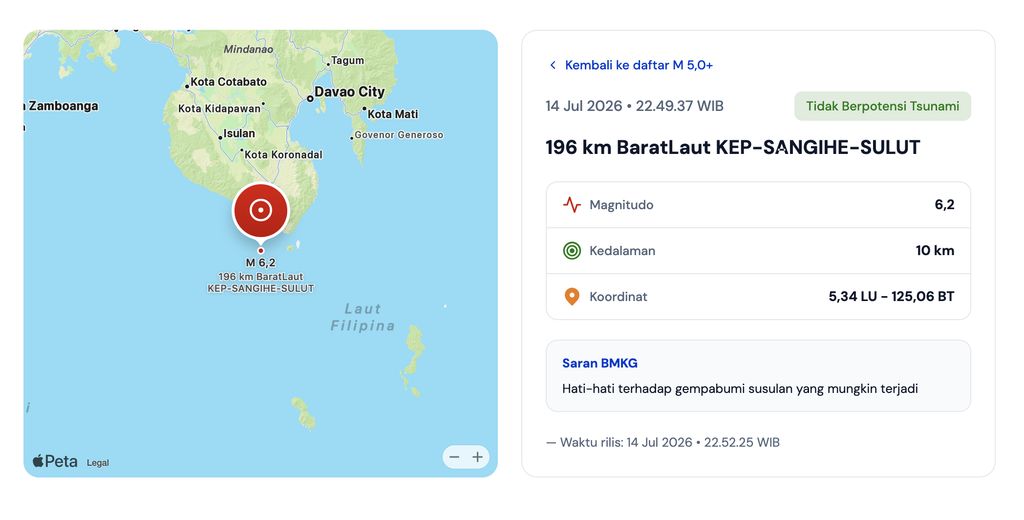 Gempa bumi dengan kekuatan 6,2 Magnitudo mengguncang kepulauan Sangihe, Sulawesi Utara, Selasa (14/7/2026). Gempa bumi dengan kekuatan 6,2 Magnitudo mengguncang kepulauan Sangihe, Sulawesi Utara, Selasa (14/7/2026). (Dok. BMKG)