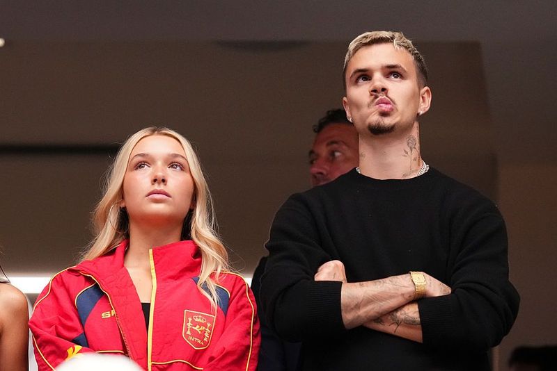 Harper Beckham and Romeo Beckham are seen during the FIFA World Cup 2026 Semi Final match between France and Spain at Dallas Stadium on July 14, 2026 in Arlington, Texas. (Photo by Jose Breton/Pics Action/NurPhoto via Getty Images)
