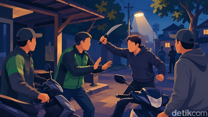 Ilustrasi tukang ojek ribut di pangkalan.