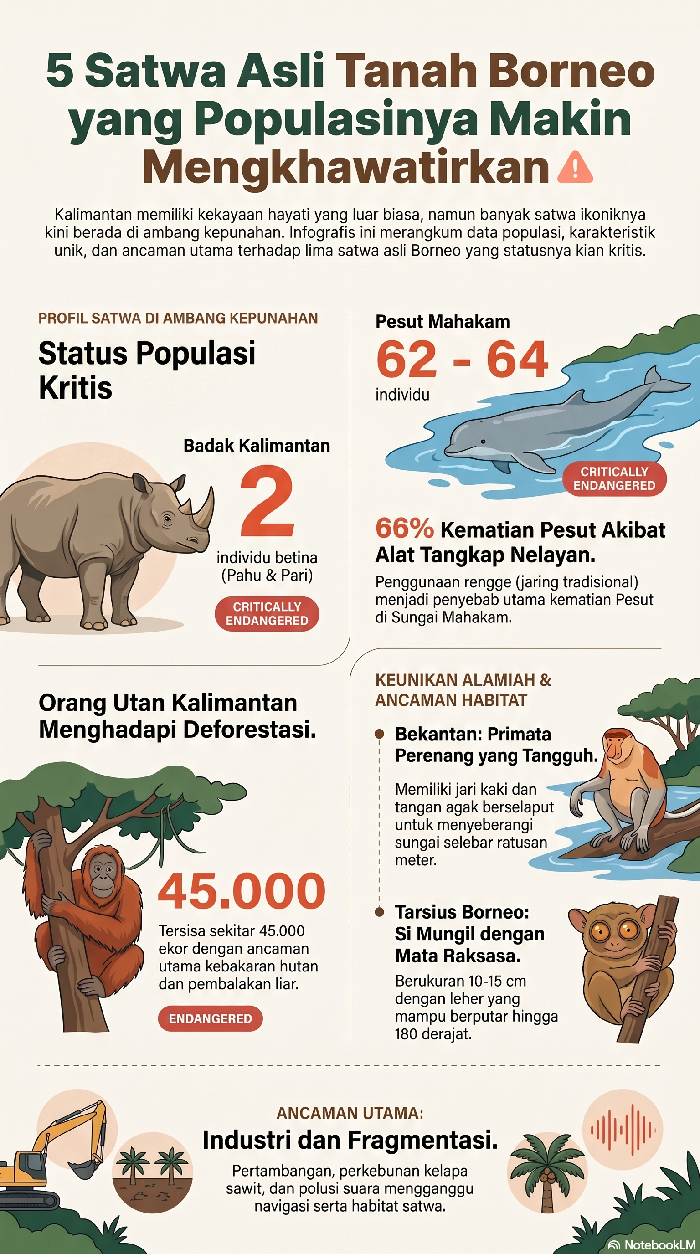 Infografis: 5 Satwa Asli Borneo, Populasinya Makin Mengkhawatirkan. (Notebook LM)