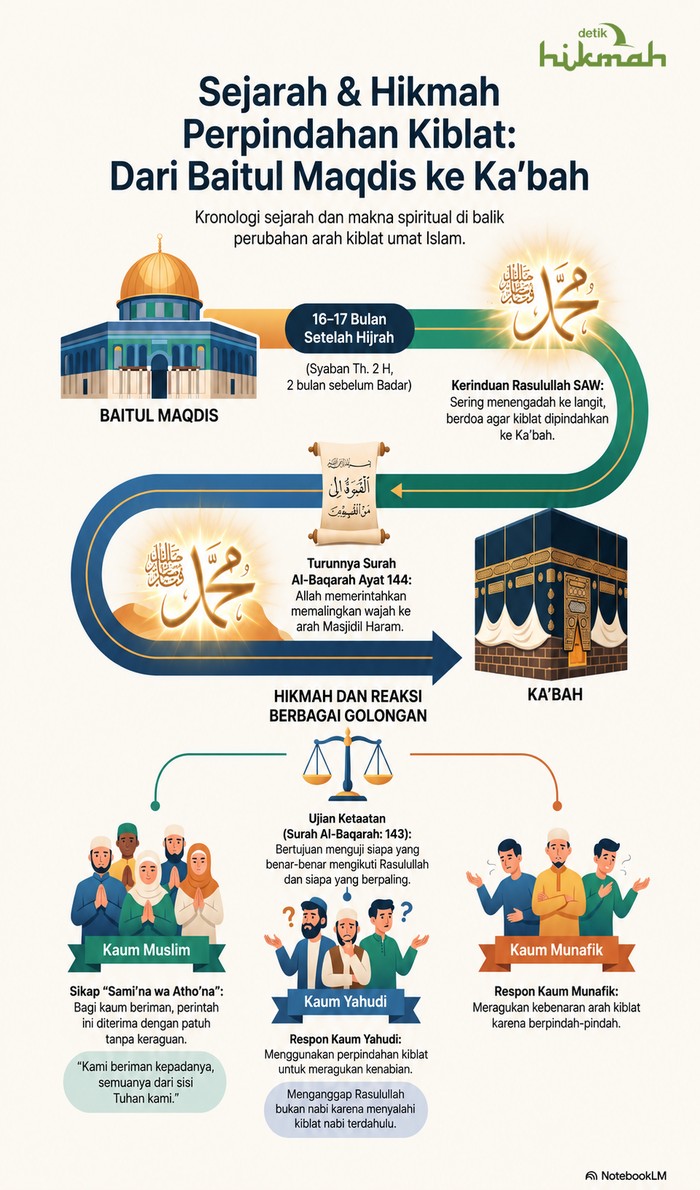 Infografis sejarah pemindahan arah kiblat dari Baitul Maqdis ke Kabah. Infografis diolah oleh AI/NotebookLM dan ChatGPT.