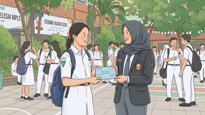 Ilustrasi siswa baru menulis surat untuk kakak OSIS.