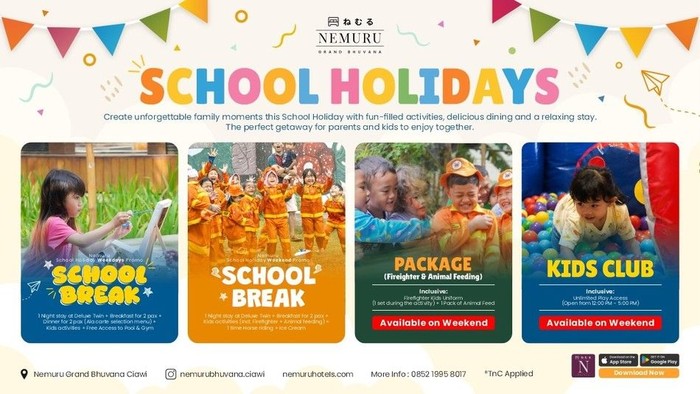 Saatnya quality time bersama si kecil! School Holidays di Nemuru Grand Bhuvana Ciawi menghadirkan berbagai paket spesial dengan aktivitas kreatif, area bermain, dan pengalaman liburan yang nyaman untuk seluruh keluarga.