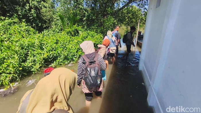 Perjuangan Guru di Pesisir Sidoarjo, Tempuh Perahu Hampir Sejam Saat Banjir Rob