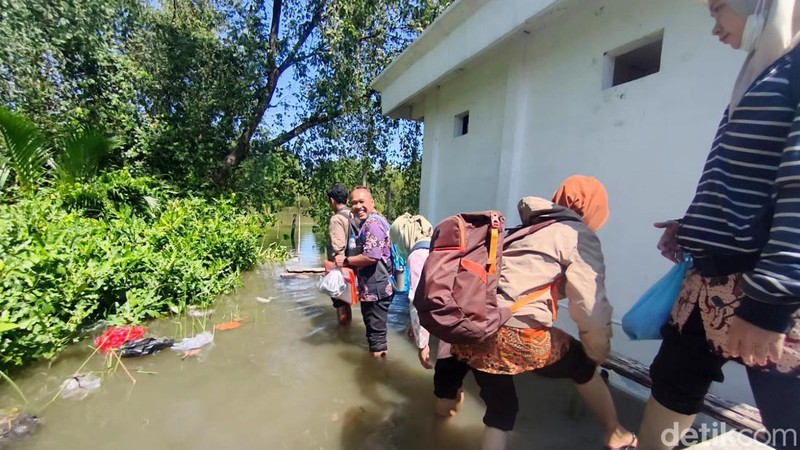 Perjuangan Guru di Pesisir Sidoarjo, Tempuh Perahu Hampir Sejam Saat Banjir Rob