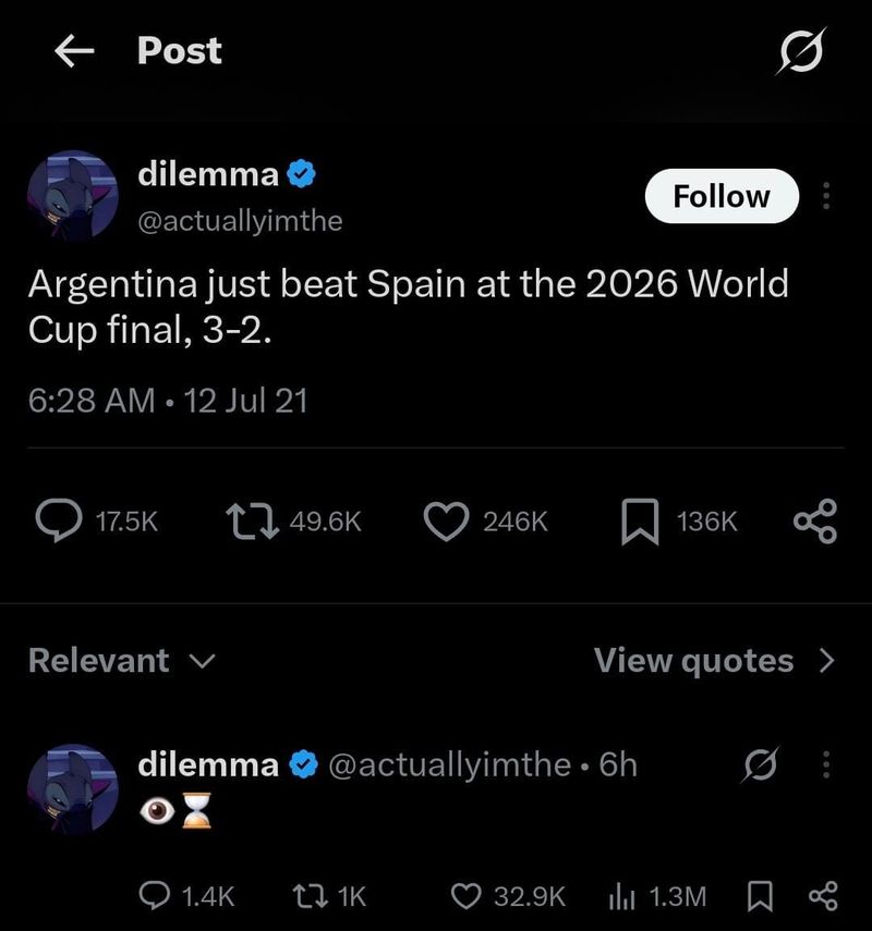 Sebuah tweet tahun 2021 mendadak viral setelah memprediksi laga Argentina vs Spanyol di final Piala Dunia 2026. Reaksi netizen terbelah.