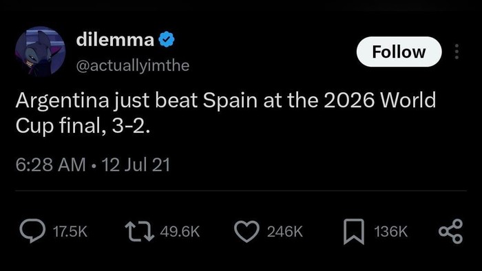 ‎Sebuah tweet tahun 2021 mendadak viral setelah memprediksi laga Argentina vs Spanyol di final Piala Dunia 2026. Reaksi netizen terbelah.