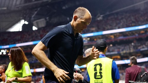 Soccer Football - FIFA World Cup 2026 - Semi Final - England v Argentina - Atlanta Stadium, Atlanta, Georgia, U.S. - July 15, 2026 England manager Thomas Tuchel looks dejected while leaving the pitch after the match as England are eliminated from the World Cup REUTERS/Agustin Marcarian