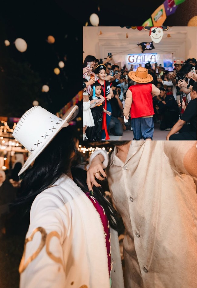 Salah satu foto memamerkan Fuji dan Rakin berpose bersama, namun dengan wajah yang tak diperlihatkan. Meski wajah Rakin tertutup dengan foto ultah Gala, namun tampak sosok Rakin tetap mudah dikenali melalui busana yang dikenakannya. Foto: Instagram/@fuji_an