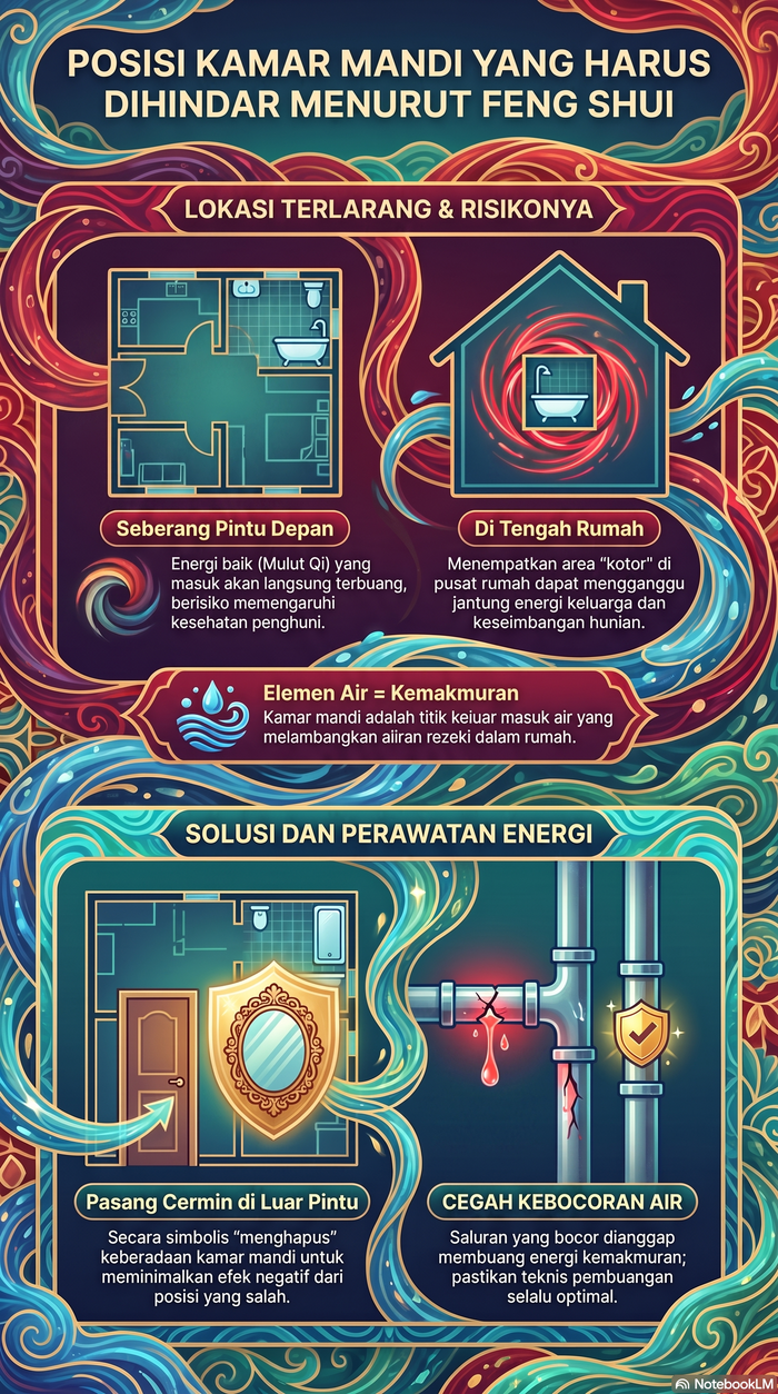 Infografis posisi kamar mandi yang salah menurut feng shui