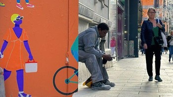 Posisi pria yang duduk tepat di samping mural menciptakan ilusi unik. Kakinya seolah menjadi milik karakter perempuan pada lukisan. Foto: Boredpanda
