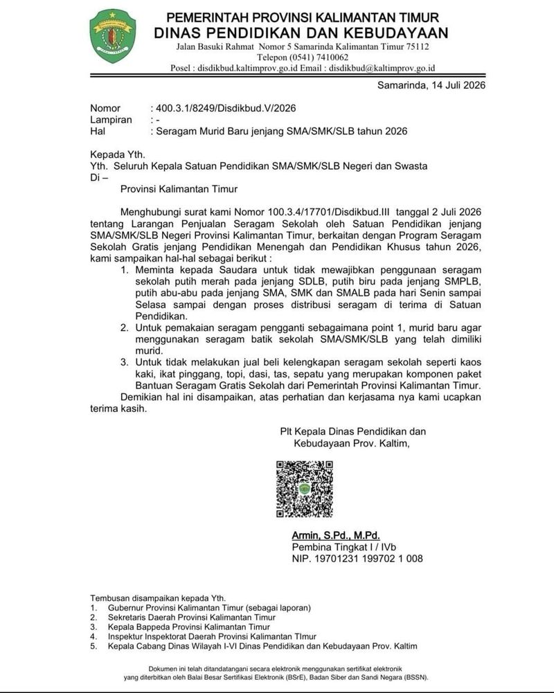 SE larangan jual beli seragam yang diterbitkan Disdikbud Kaltim. SE larangan jual beli seragam yang diterbitkan Disdikbud Kaltim