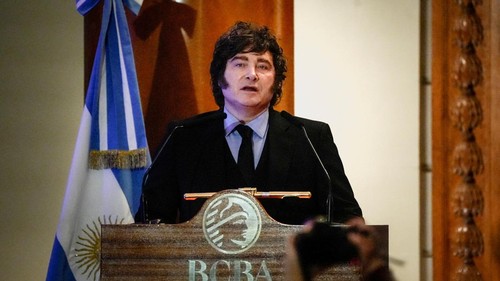 Argentine President Javier Milei waves during a ceremony commemorating the 172nd anniversary of the Buenos Aires Stock Exchange in Buenos Aires, Argentina, July 16, 2026. REUTERS/Mariana Nedelcu