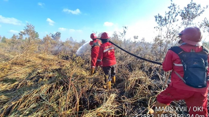 Proses pemadaman api melalui jalur darat di wilayah OKI