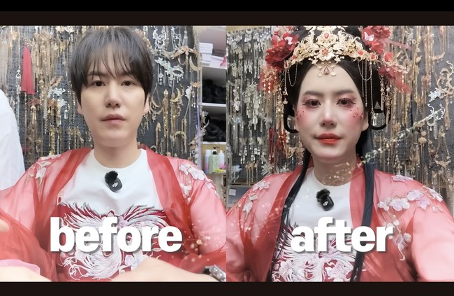 Kyuhyun menunjukkan transformasinya lewat postingan vlog terbaru. Gaya makeup Wanghong menonjolkan kulit seputih salju, aegyo-sal alias kantong mata yang dipertegas, hingga blush on mencolok. Hasil akhirnya membuat pelantun Sorry Sorry itu terlihat  unreal bak boneka. Foto: Instagram