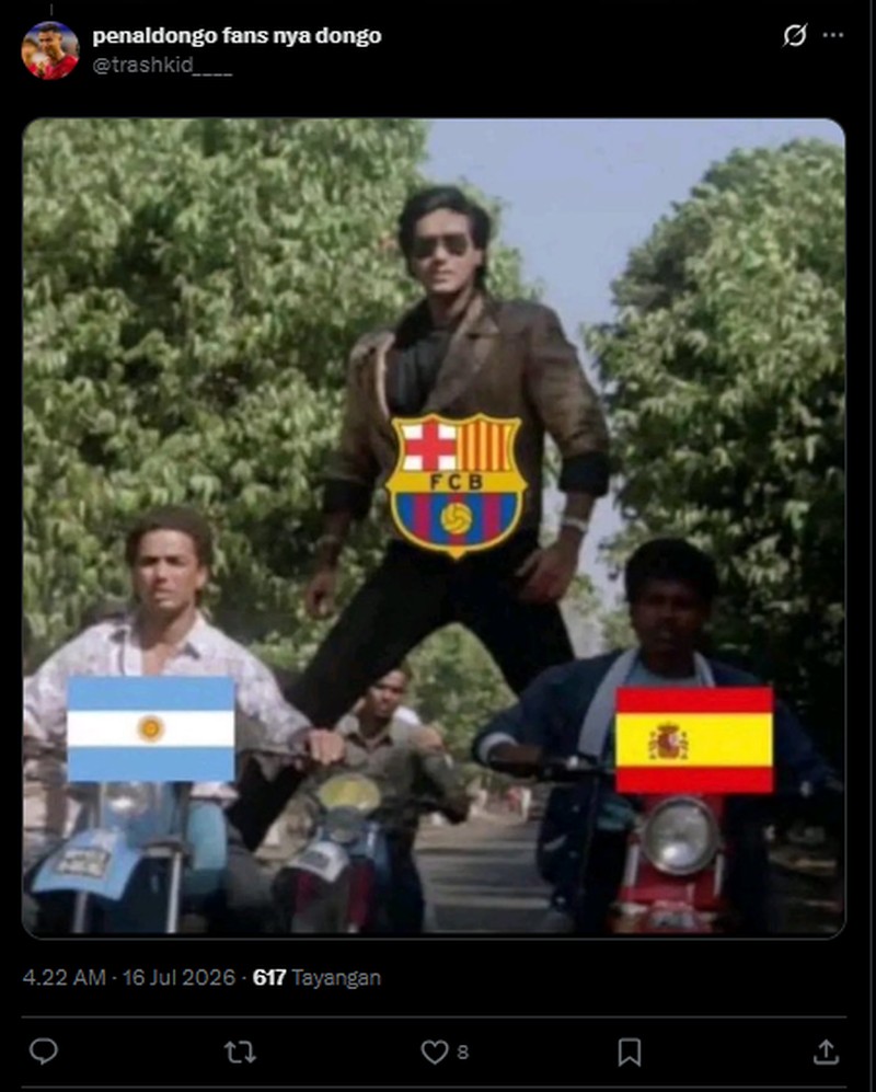 Jelang final Piala Dunia 2026 antara Spanyol vs Argentina, sederet meme muncul di media sosial. Beberapa menyindir fans Criatiano Ronaldo dan Real Madrid.