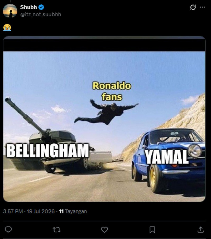 Jelang final Piala Dunia 2026 antara Spanyol vs Argentina, sederet meme muncul di media sosial. Beberapa menyindir fans Criatiano Ronaldo dan Real Madrid.