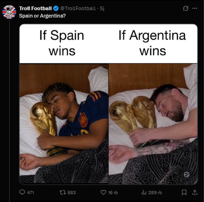 Jelang final Piala Dunia 2026 antara Spanyol vs Argentina, sederet meme muncul di media sosial. Beberapa menyindir fans Criatiano Ronaldo dan Real Madrid.