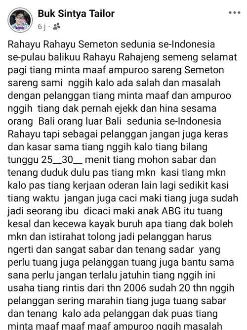 Potongan unggahan akun FB Buk Sintya Tailor, Sabtu (19/7/2026).