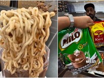Nyeleneh! Es Susu Cokelat Diberi Topping Mie Instan, Tertarik Coba?