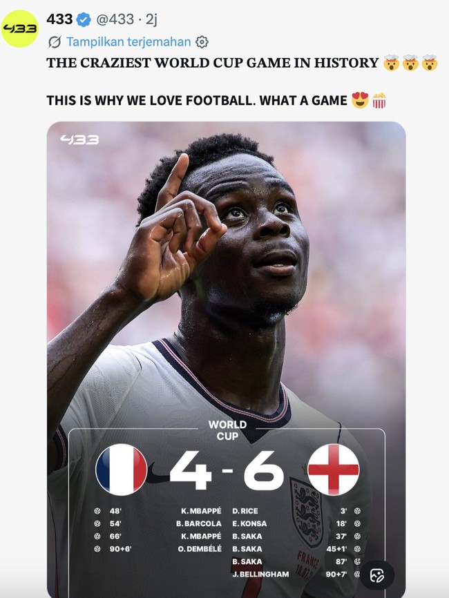 Inggris vs Prancis Hujan Gol, Netizen: Pertandingan Gila