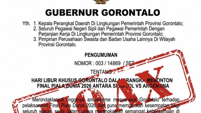 Pemprov Gorontalo menegaskan surat edaran tentang hari libur untuk final Piala Dunia 2026 adalah hoaks.