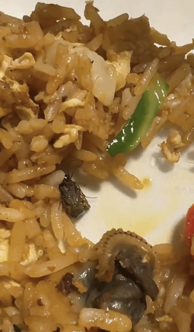 Top view of homemade egg fried rice served in a plastic lunch box on a kitchen table. Simple home cooked meal prepared for daily lunch with vegetables and scrambled egg.