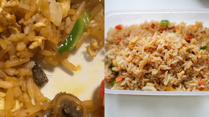 Top view of homemade egg fried rice served in a plastic lunch box on a kitchen table. Simple home cooked meal prepared for daily lunch with vegetables and scrambled egg.