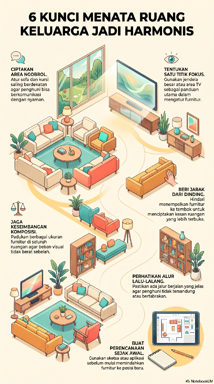 Cara menata furnitur di ruang keluarga.