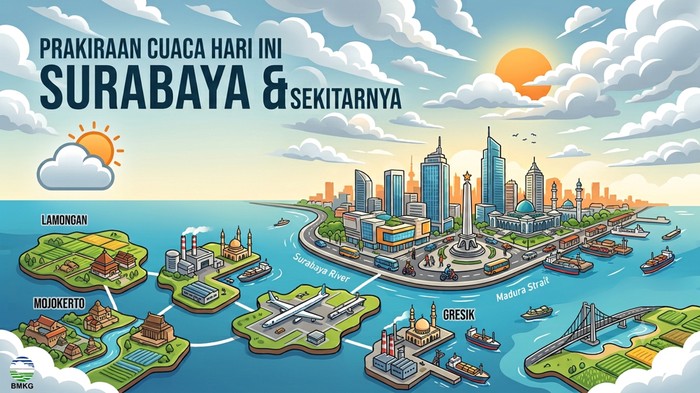 Ilustrasi prakiraan cuaca hari ini Surabaya dan sekitarnya.
