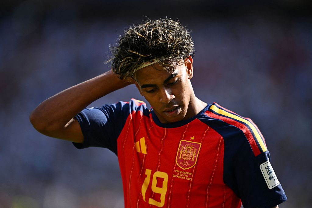Lamine Yamal bereaksi dalam pertandingan final Piala Dunia FIFA 2026 antara Spanyol dan Argentina di New York/New Jersey Stadium, East Rutherford, New Jersey, Amerika Serikat, Minggu (19/7/2026). Lamine Yamal bereaksi dalam pertandingan final Piala Dunia FIFA 2026 antara Spanyol dan Argentina di New York/New Jersey Stadium, East Rutherford, New Jersey, Amerika Serikat, Minggu (19/7/2026). (REUTERS/Dylan Martinez)