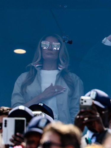 US First Lady Melania Trump and US President Donald Trump stand for the national anthem ahead of the 2026 World Cup football final between Spain and Argentina in East Rutherford, New Jersey on July 19, 2026.  (Photo by Odd ANDERSEN / AFP)