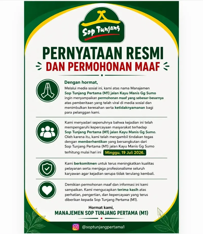 Pegawai RM Sop Tunjang Pegawai RM Sop Tunjang bentak pelanggan sampai viral di media sosial.