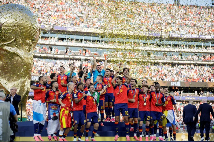 U.S. President Donald Trump walks after presented the FIFA World Cup trophy to Spain after its victory in the 2026 World Cup final at New York New Jersey Stadium in East Rutherford, New Jersey, U.S., July 19, 2026. REUTERS/Evan Vucci REFILE - QUALITY UPDATE
