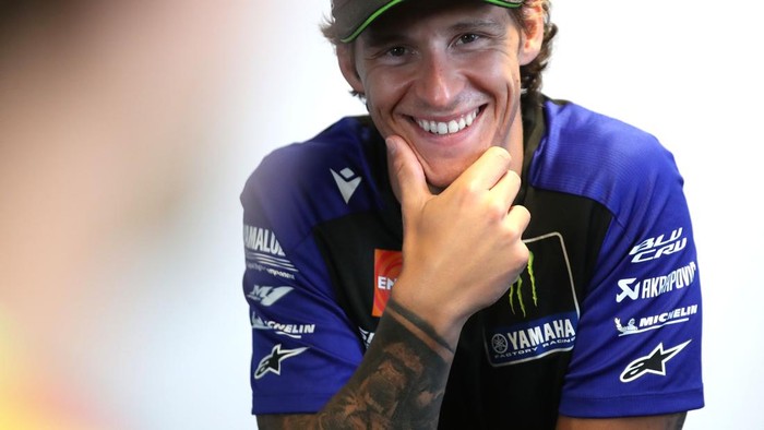 HOHENSTEIN-ERNSTTHAL, GERMANY - JULY 09: Fabio Quartararo of France riding a Monster Energy Yamaha talking to journalists at Sachsenring Circuit on July 09, 2026 in Hohenstein-Ernstthal, Germany. (Photo by Gold & Goose Photography/Getty Images)