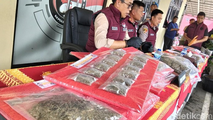 belasan kilogram paket ganja siap edar diamankan sebagai barang bukti di Cianjur