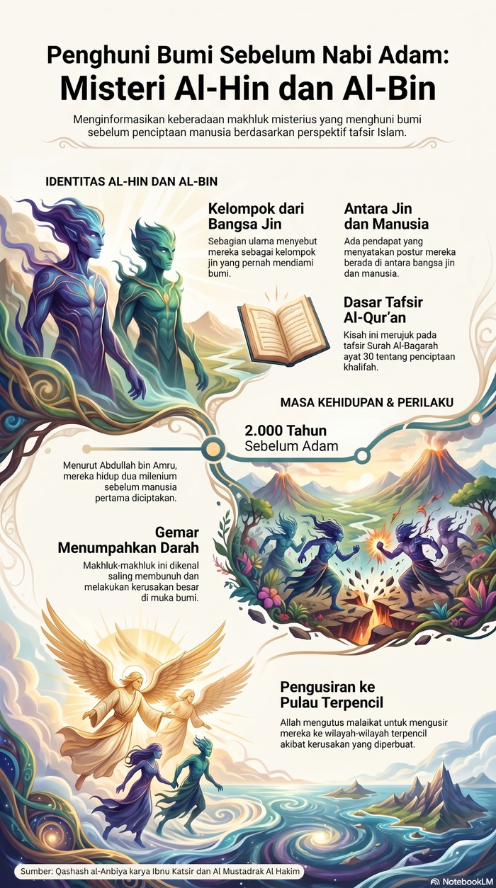 Infografis makhluk penghuni bumi sebelum Nabi Adam AS. Gambar hanya ilustrasi yang diolah oleh AI/NotebookLM.