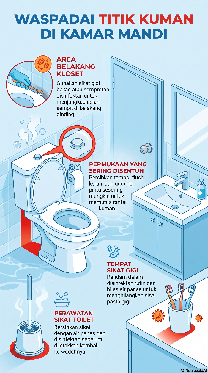Infografis titik titik di kamar mandi yang harus sering dibersihkan