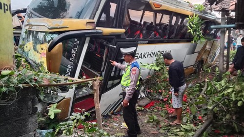 Kondisi bus kecelakaan di Jalan Denpasar-Gilimanuk KM 104-105, Banjar Munduk Ranti, Desa Tuwed, Kecamatan Melaya, Kabupaten Jembrana, Bali, Selasa (21/7/2026). (Dok Polrea Jembrana)