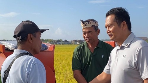Bupati Jembrana, I Made Kembang Hartawan, menyerahkan bantuan alsintan di lahan Subak Keduwa, Kecamatan Negara, Rabu (22/7/2026). (Dok. Pemkab Jembrana)