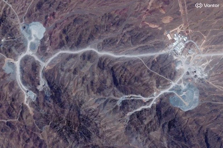 A satellite view shows tunnel entrances at Pickaxe Mountain of the Natanz nuclear facility, near Natanz, Iran, on June 30, 2026 [Vantor/Handout via Reuters]