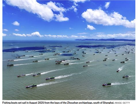 Fishing boats set sail in August 2025 from the bays of the Zhoushan archipelago, south of Shanghai