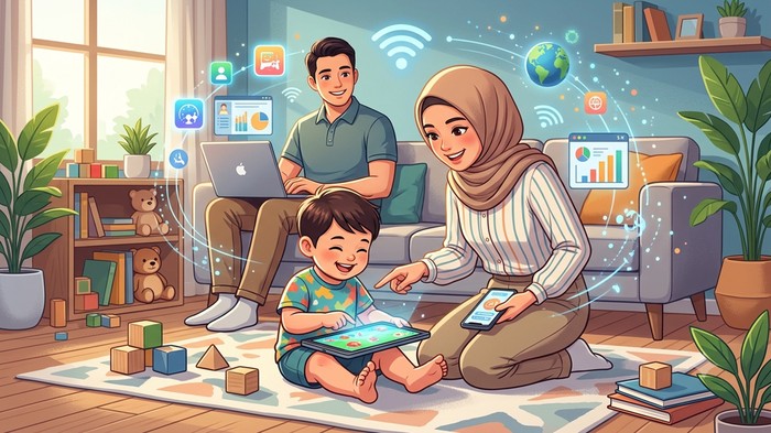 Ilustrasi balita diberi gawai oleh ortunya