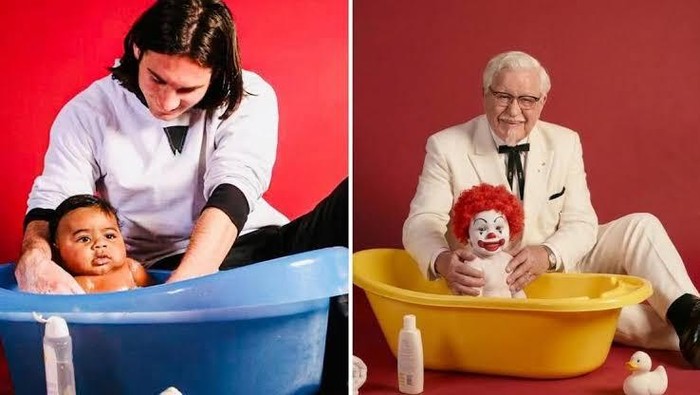 Kocak! KFC Sindir McD Lewat Foto Viral Messi Mandikan Lamine Yamal